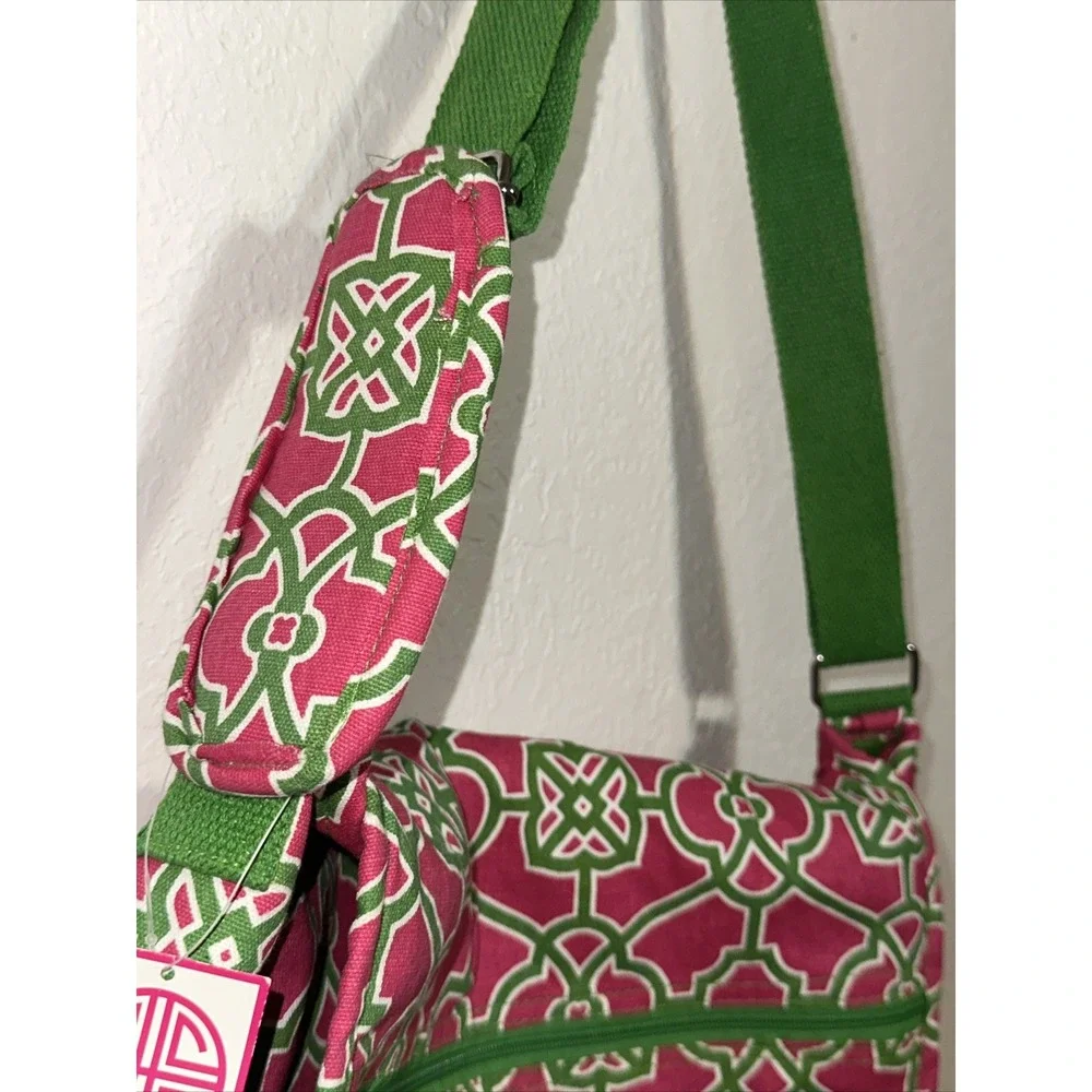 Buckhead Betties Pink Green Geometric Canvas Messenger Crossbody Bag NWT